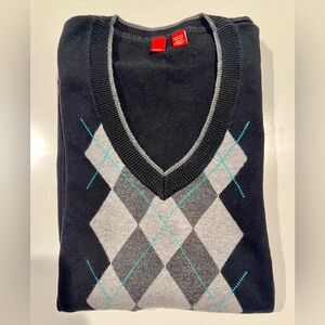 Esprit Women's size L V-Neck Argyle Sweater - Black, Gray, and Blue